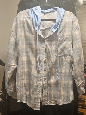 Light Blue Plaid Hooded Button-Up Shirt for Women